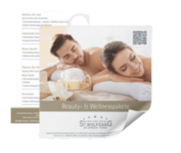 A couple relaxes on massage tables with soft towels and a flower, suggesting a spa setting. Text: "Beauty- & Wellnesspakete," "St. Wolfgang," "Bad Griesbach in Rottal," "Privatklinik & Hotel."