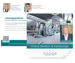 Ein moderner Fitnessraum mit Trainingsgeräten ist abgebildet, neben Fotos von Ärzten. Text: "Leistungsspektrum Innere Medizin & Kardiologie. Privatklinik ST. WOLFGANG." Logo und QR-Code vorhanden.