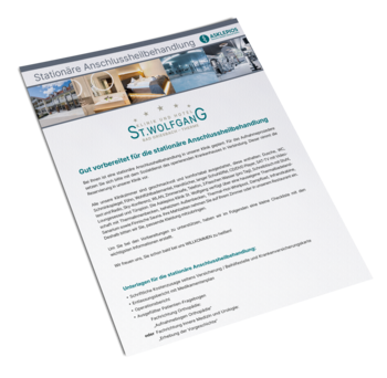 A brochure detailing the "Stationäre Anschlussheilbehandlung" (Inpatient Follow-up Treatment) at Klinik St. Wolfgang.