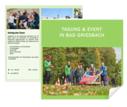 Eine Gruppe von Menschen zieht einen roten Wagen durch einen Park. Text: "TAGUNG & EVENT IN BAD GRIESBACH", "Schlag dein Team: Verschiedene Spiele mit Spaß- und Teamevents, 3 Stunden, Teilnehmerzahl frei wählbar, ab 29 Euro, pro Person".