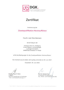 Certificate titled "Zertifikat" from Deutsche Gesellschaft für Kardiologie, acknowledging "Zusatzqualifikation Herzinsuffizienz."