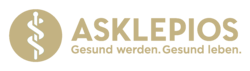 A gold emblem featuring a stylized staff with intertwined snakes next to the word "ASKLEPIOS" in capital letters.
