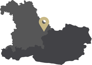 Karte von Bayern und Österreich mit einem Pin für Klinik und Hotel St. Wolfgang