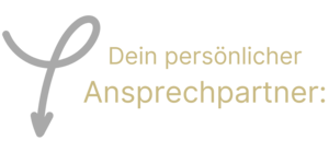 Geschwungener Pfeil zeigt auf Text: „Dein persönlicher Ansprechpartner.“ im Kontext einer Hotel- und Privatklinikumgebung in Bayern.