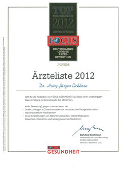 Certificate featured prominently, titled “Ärzteliste 2012,” awarded to Dr. Heinz-Jürgen Eichhorn.